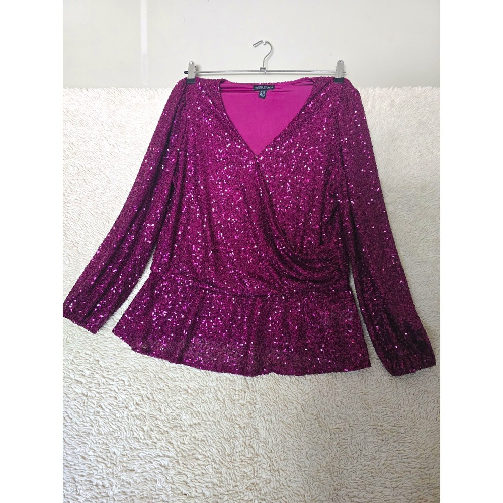 Susan Graver Occasions Purple Sequin Faux Wrap V-Neck Long Sleeve Blouse 1X